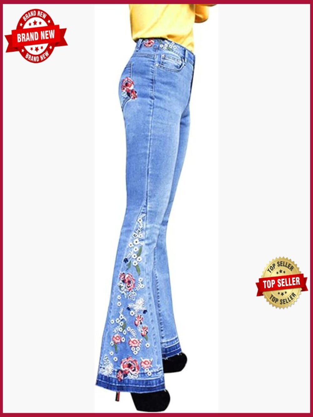 High Waisted Flared Bell Bottom Jeans with Floral Embroidery